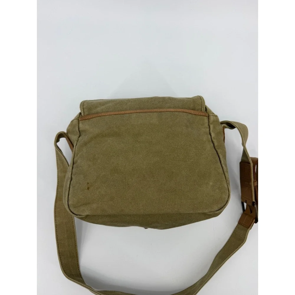 LL Bean Canvas Messenger Bag Olive Green Leather Trim Crossbody Field Bag Vtg